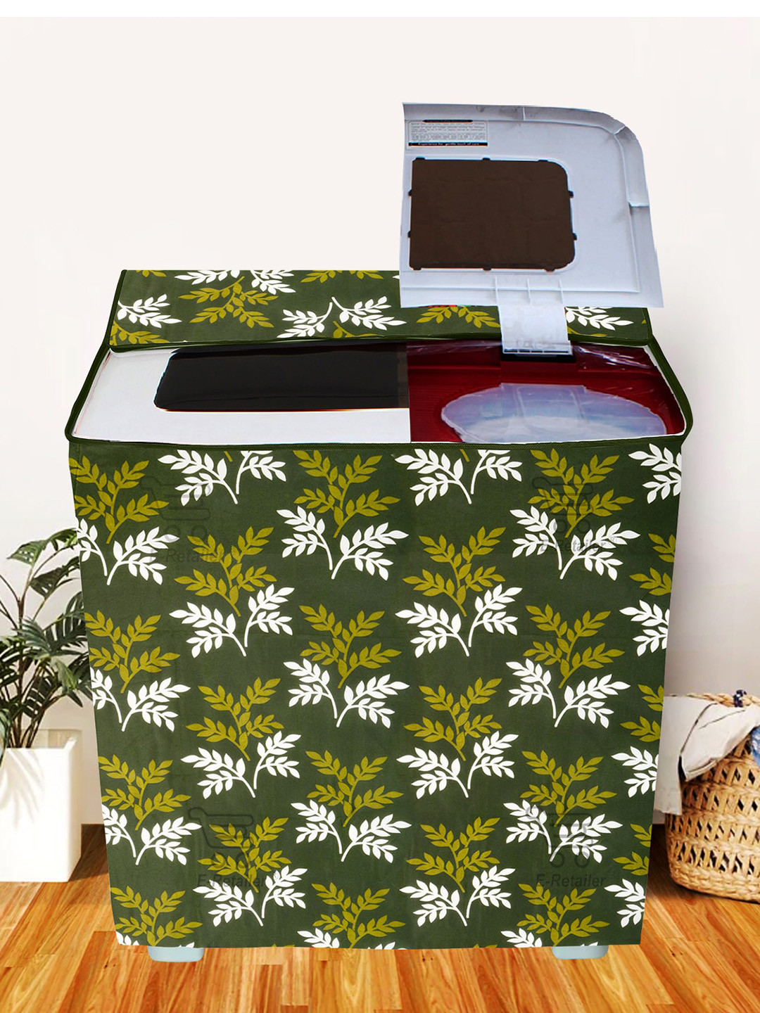 E-Retailer Green & White Printed Washing Machine Cover