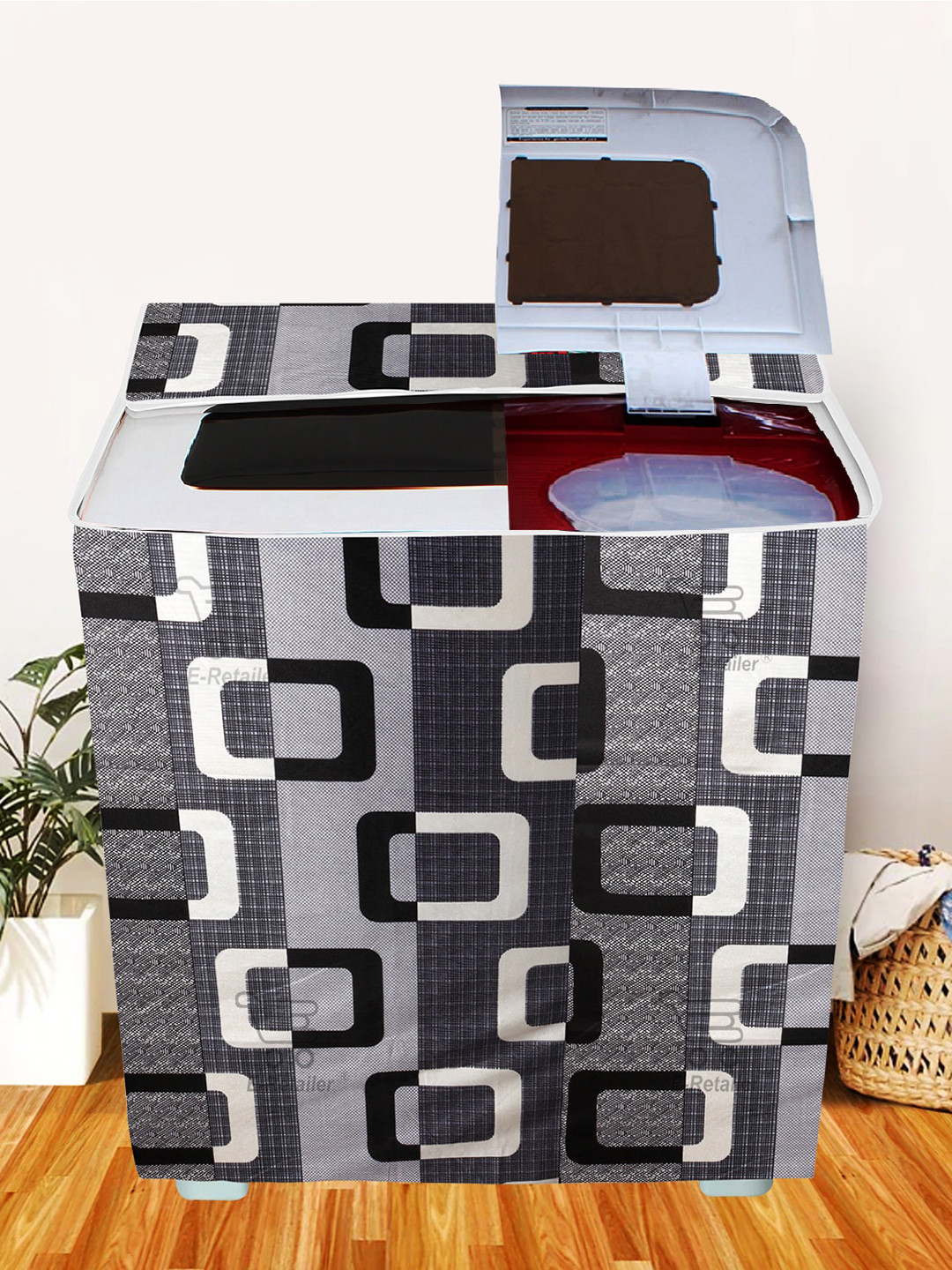 E-Retailer Black & Grey Printed Washing Machine Cover