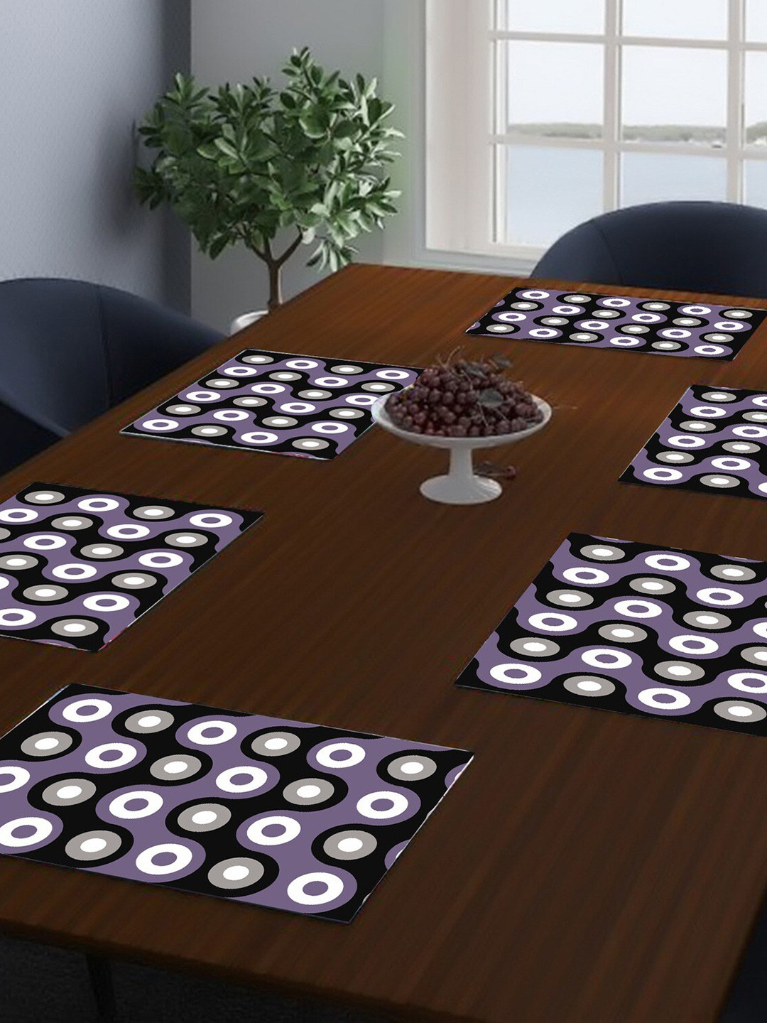 Dakshya Industries Purple  & Black 6 Pieces Printed Rectangular Table Placemats