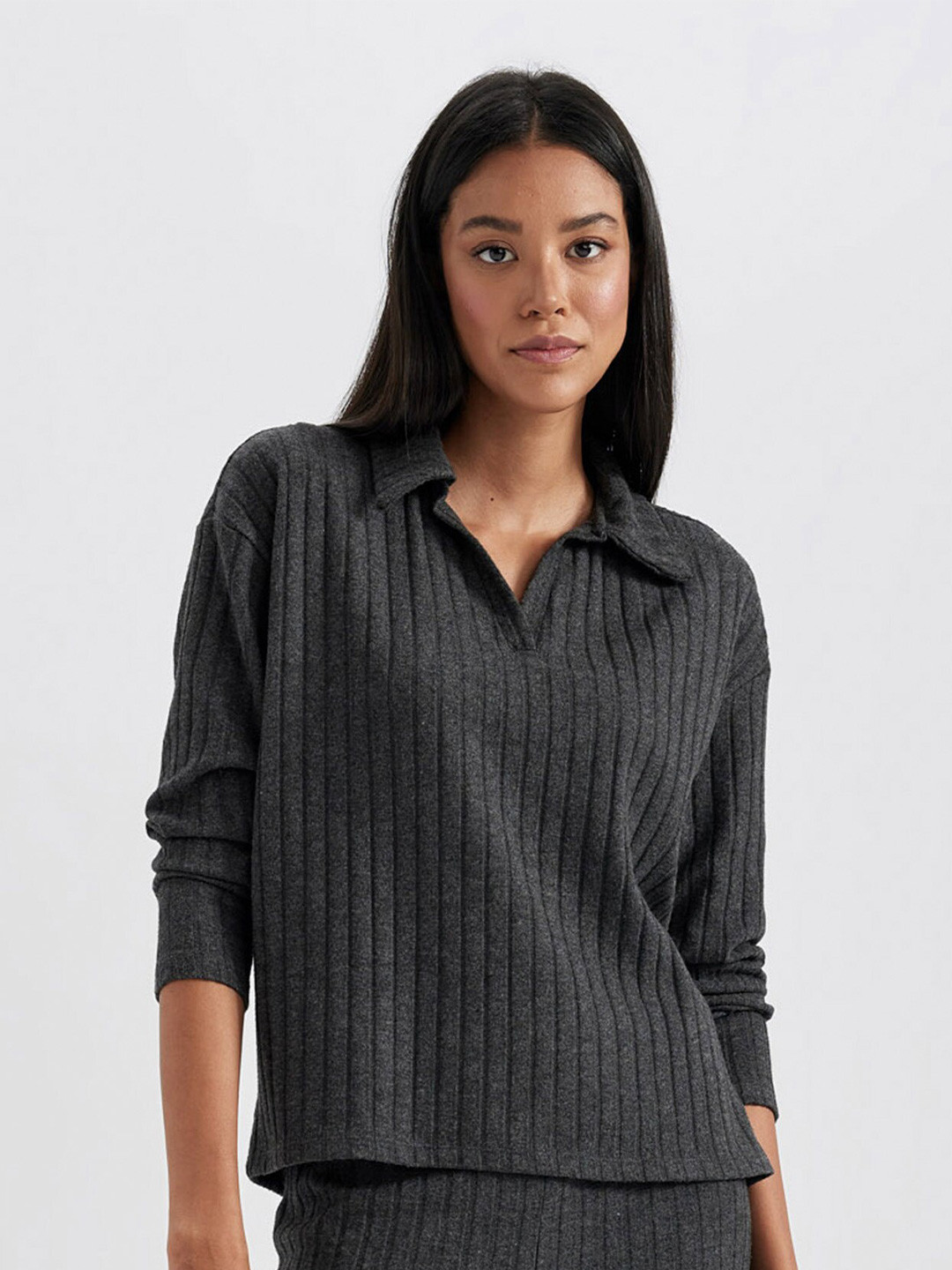 DeFacto Striped Polo Collar Drop-Shoulder Sleeves T-shirt