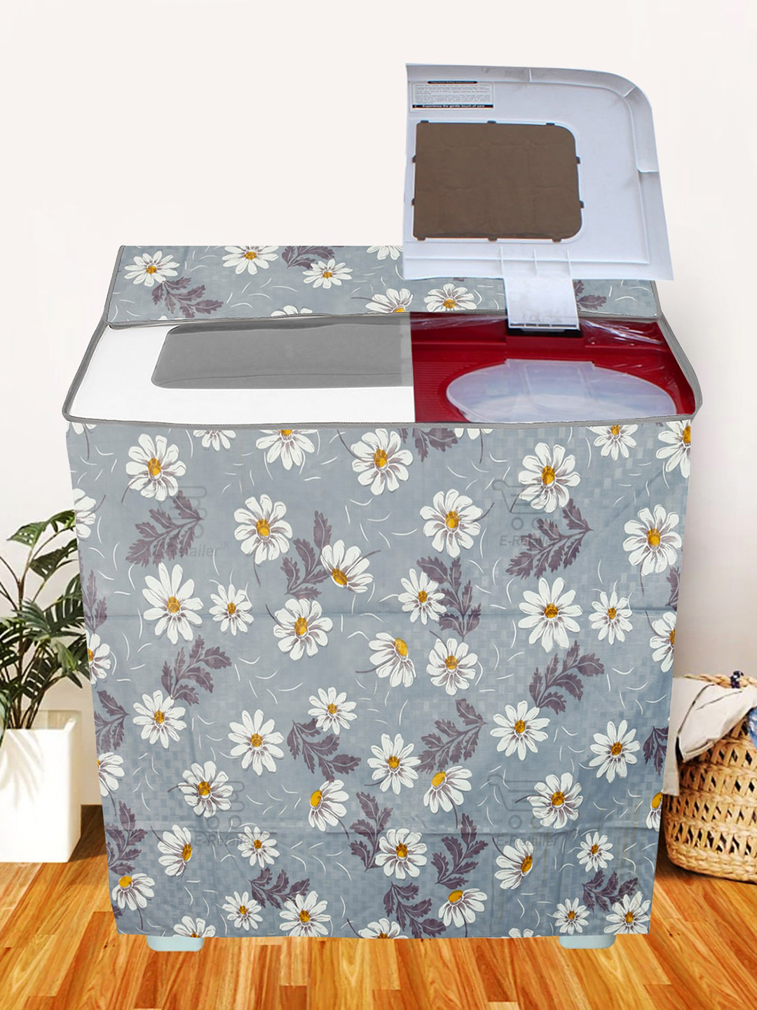 E-Retailer Grey & White Printed Washing Machine Cover