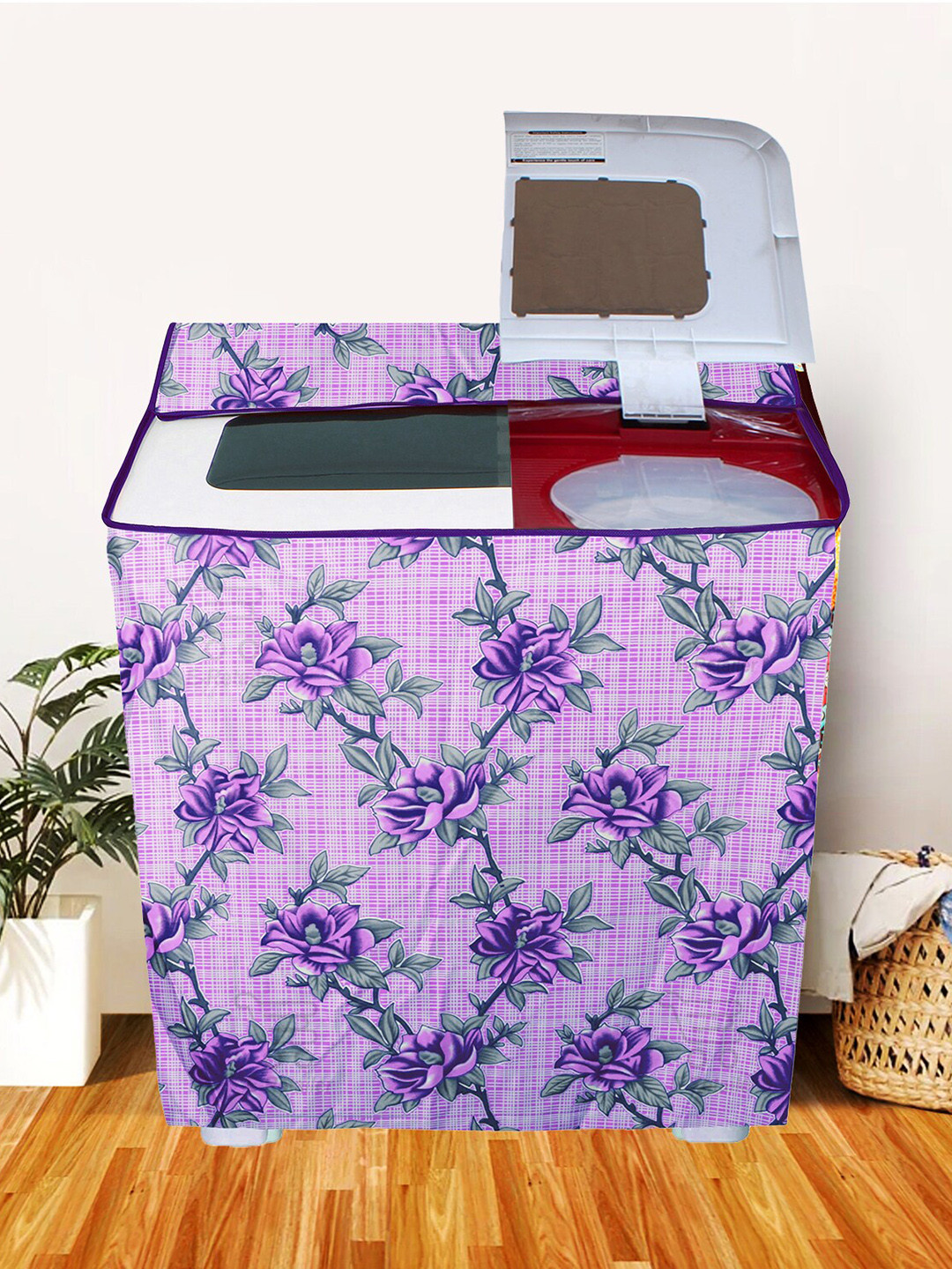 E-Retailer Purple Floral Semi Automatic Printed Washing Machine Cover