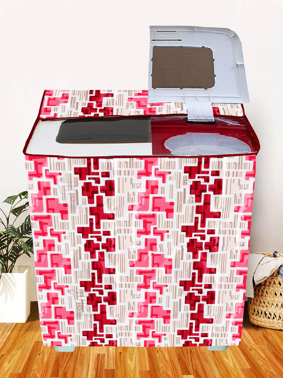 E-Retailer Beige & Red Printed Semi Automatic Washing Machine Cover
