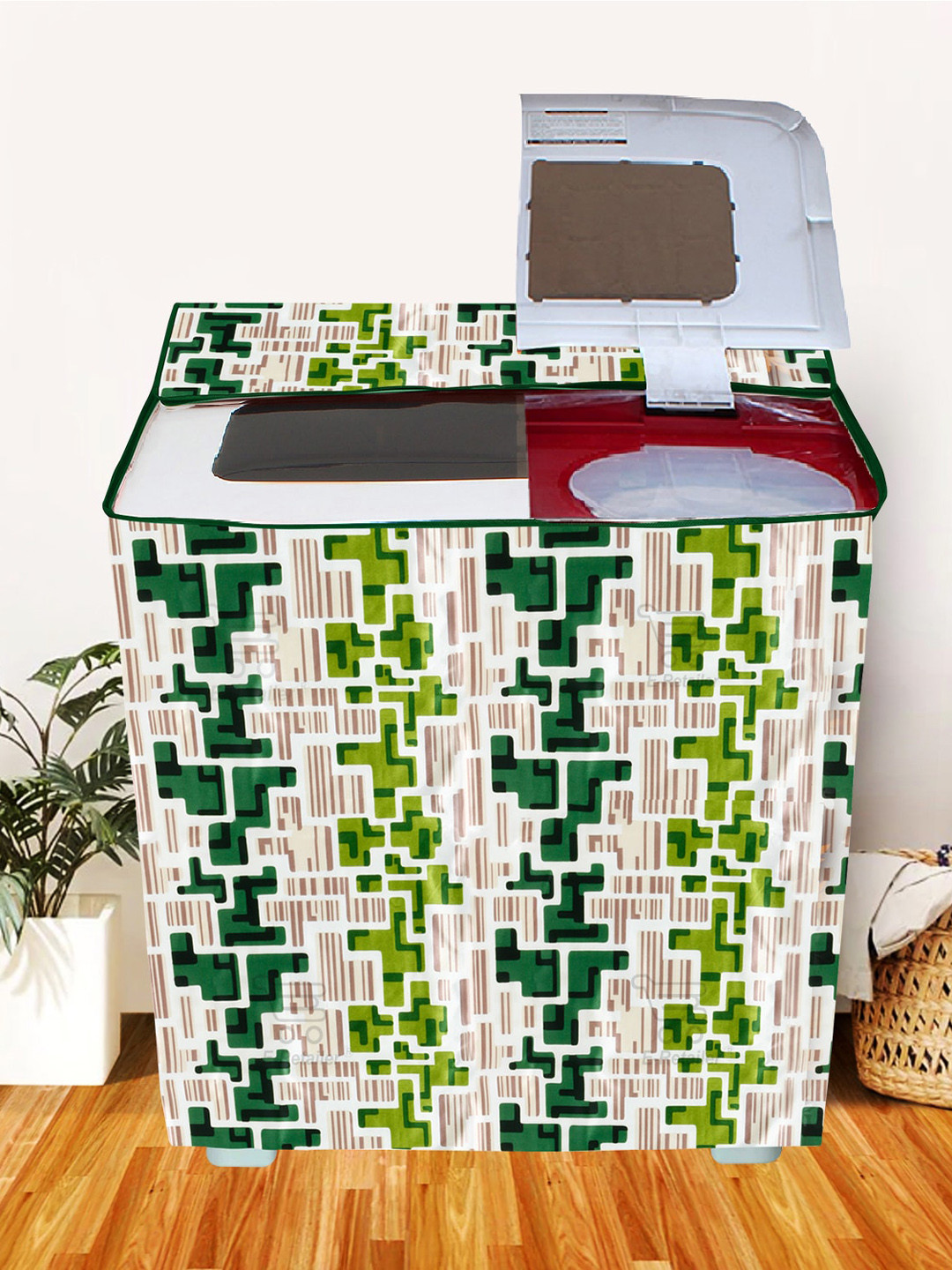 E-Retailer Beige & Green Printed Semi Automatic Washing Machine Cover