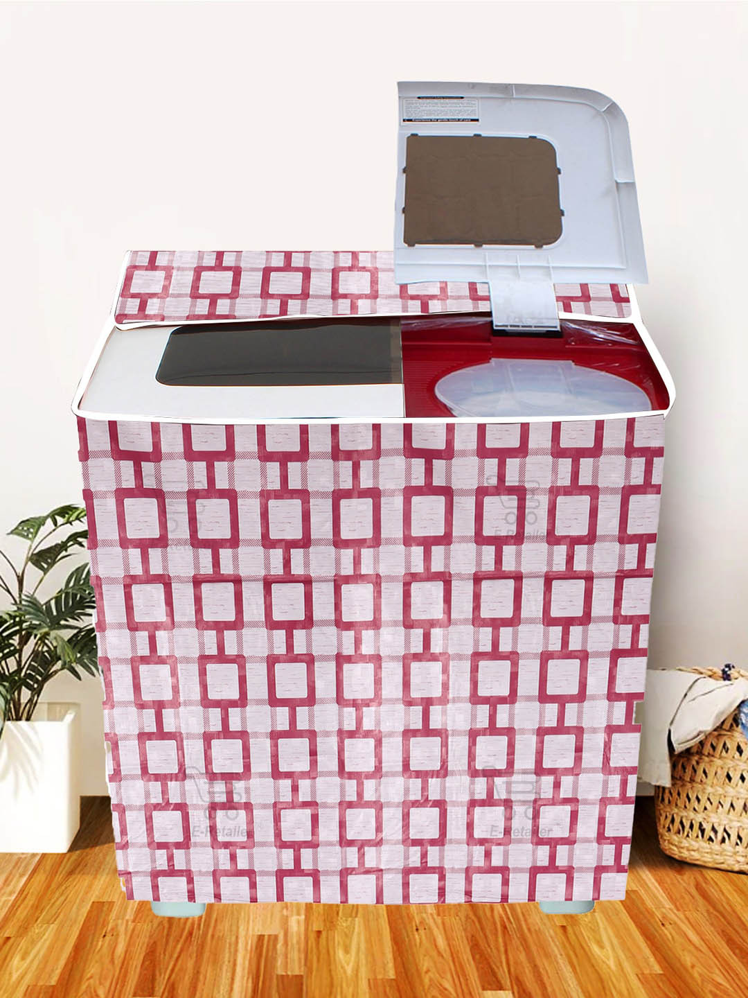 E-Retailer White & Red Printed Semi Automatic Washing Machine Cover