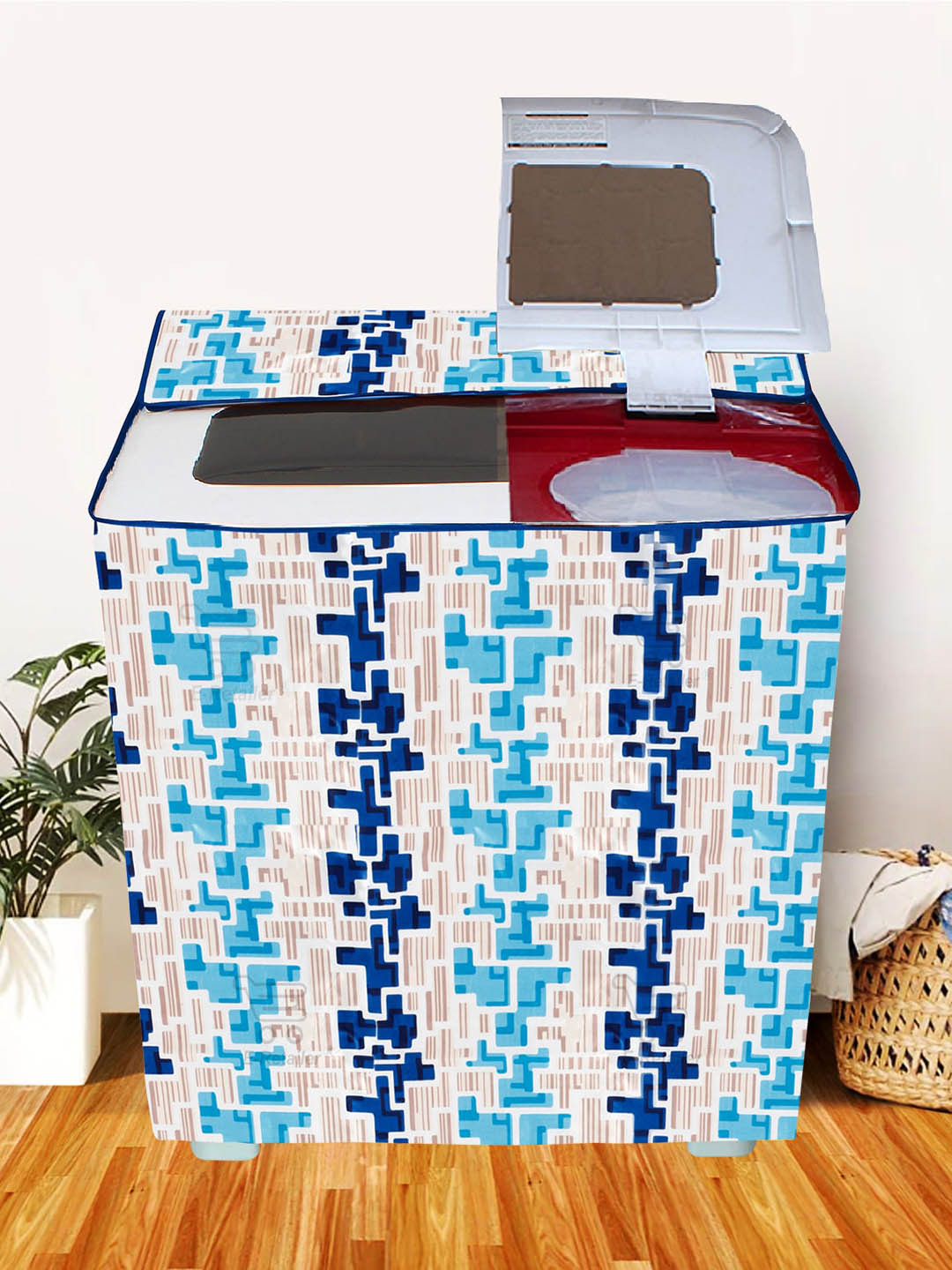 E-Retailer Blue & White Printed Washing Machine Cover