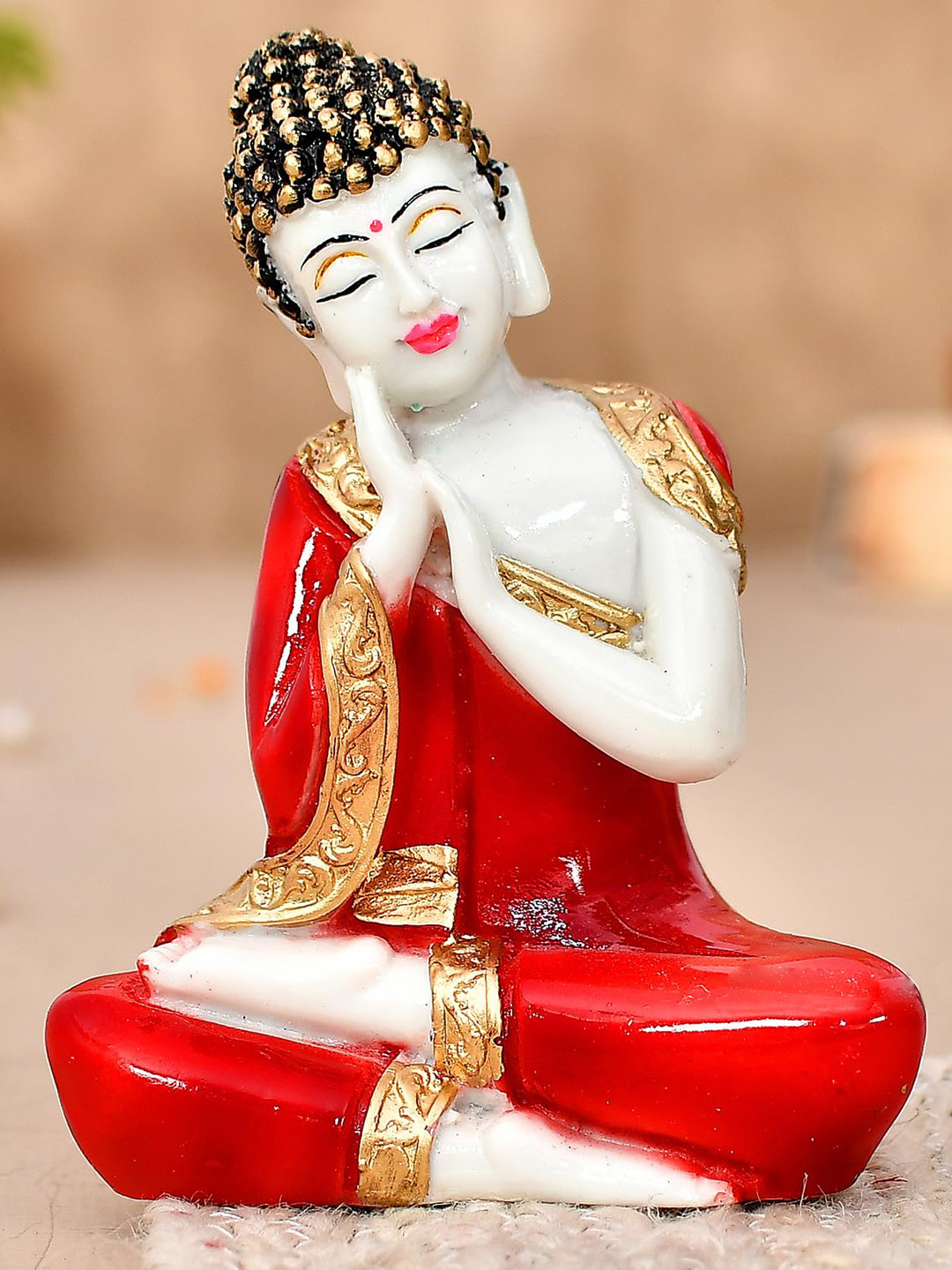Ascension Sitting Buddha Red Polyresin Glossy Prayer Room Small Showpiece - 15 Inches