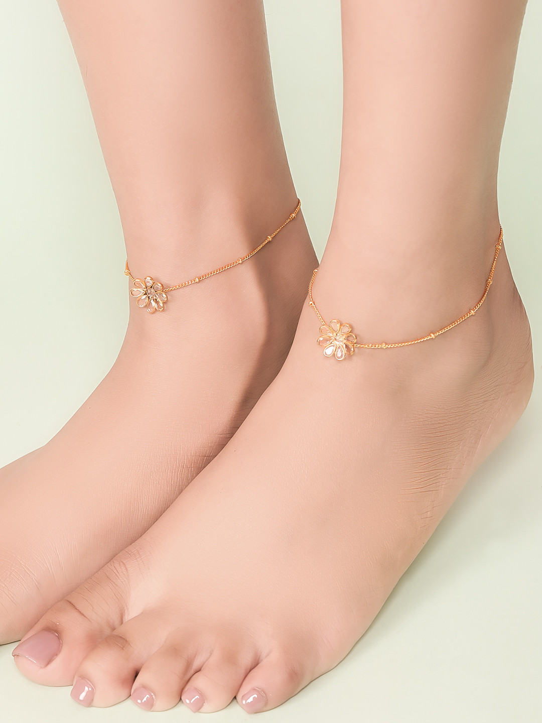 Unniyarcha Set Of 2 92.5 Sterling Silver Gold-Plated Stone-Studded Anklets