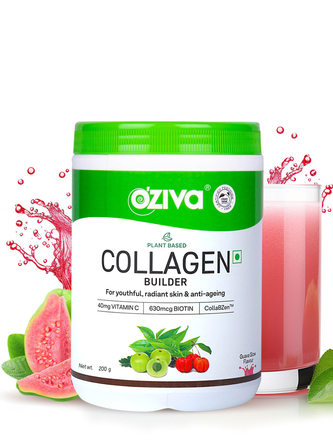 OZiva Vegan Collagen Guava Glow for Skin, Hair & Nails Support - No Sugar - 200g