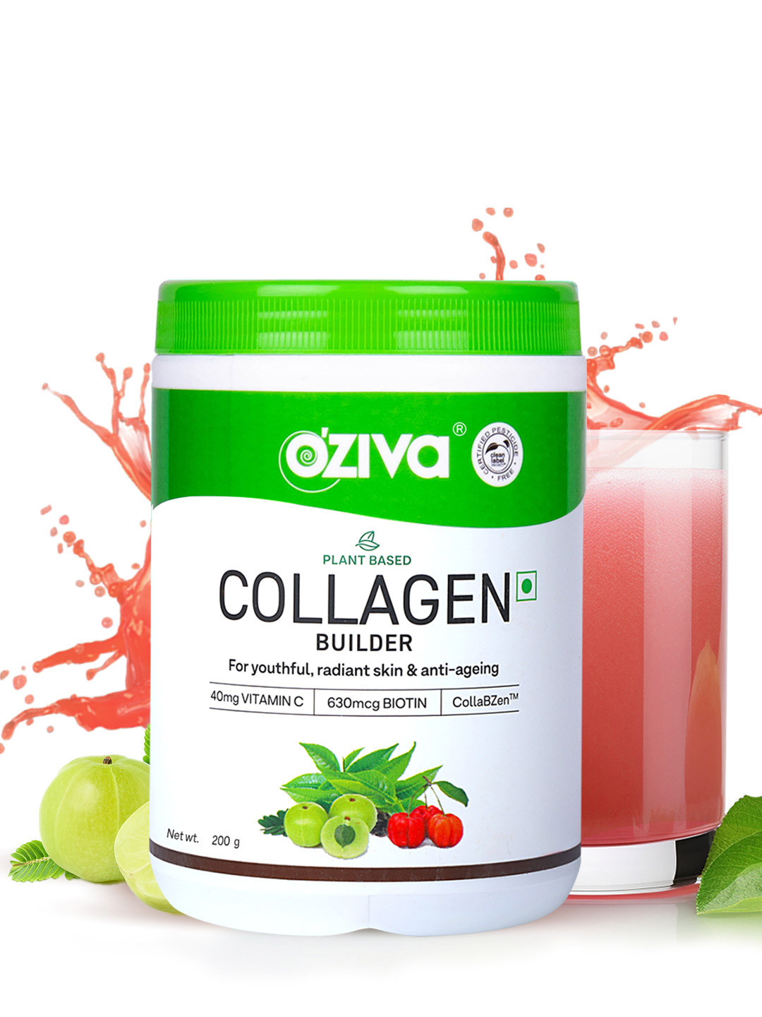 OZiva Plant Based Classic Tangy Amla Collagen Builder with Biotin & Vitamin C - 200 g