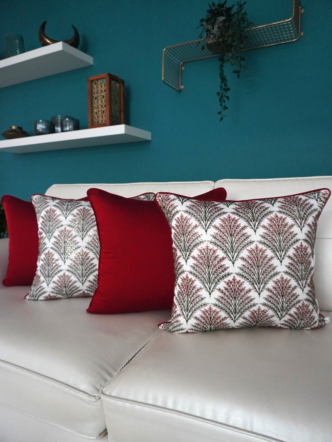 TARA- Sparkling Homes Leaf Cotton Silk Ultra Soft 4 Pcs Square Cushion Covers - 18 x 18 In