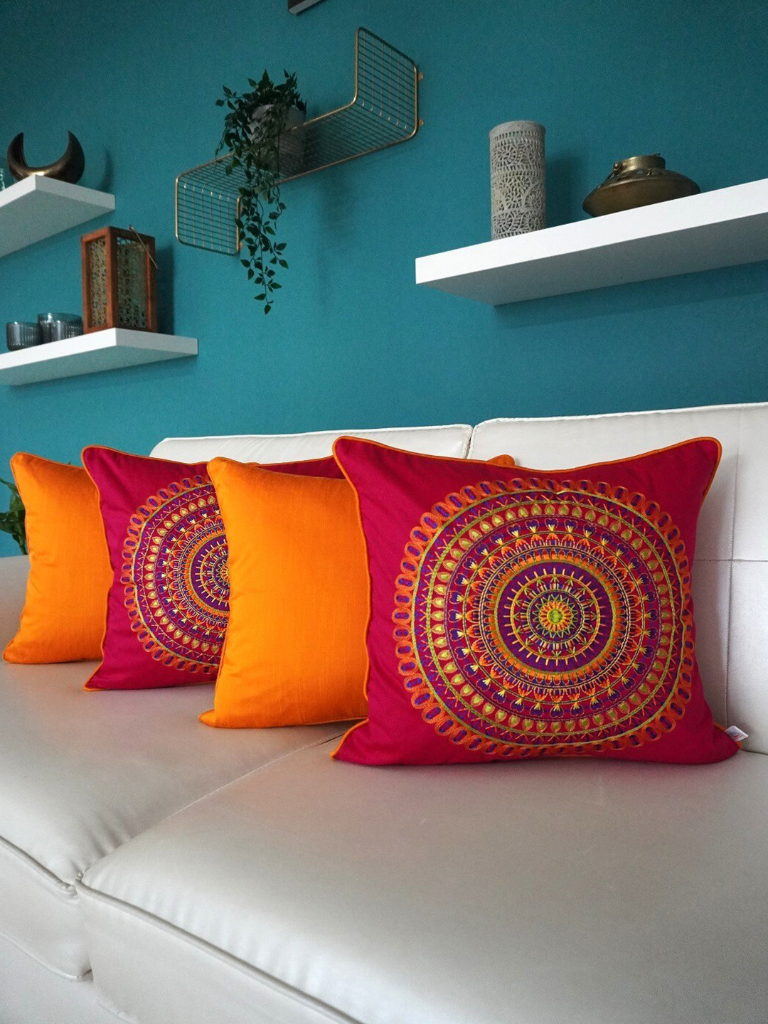 TARA- Sparkling Homes Pink & Purple 4 Pieces Embroidered Cotton Silk Square Cushion Covers