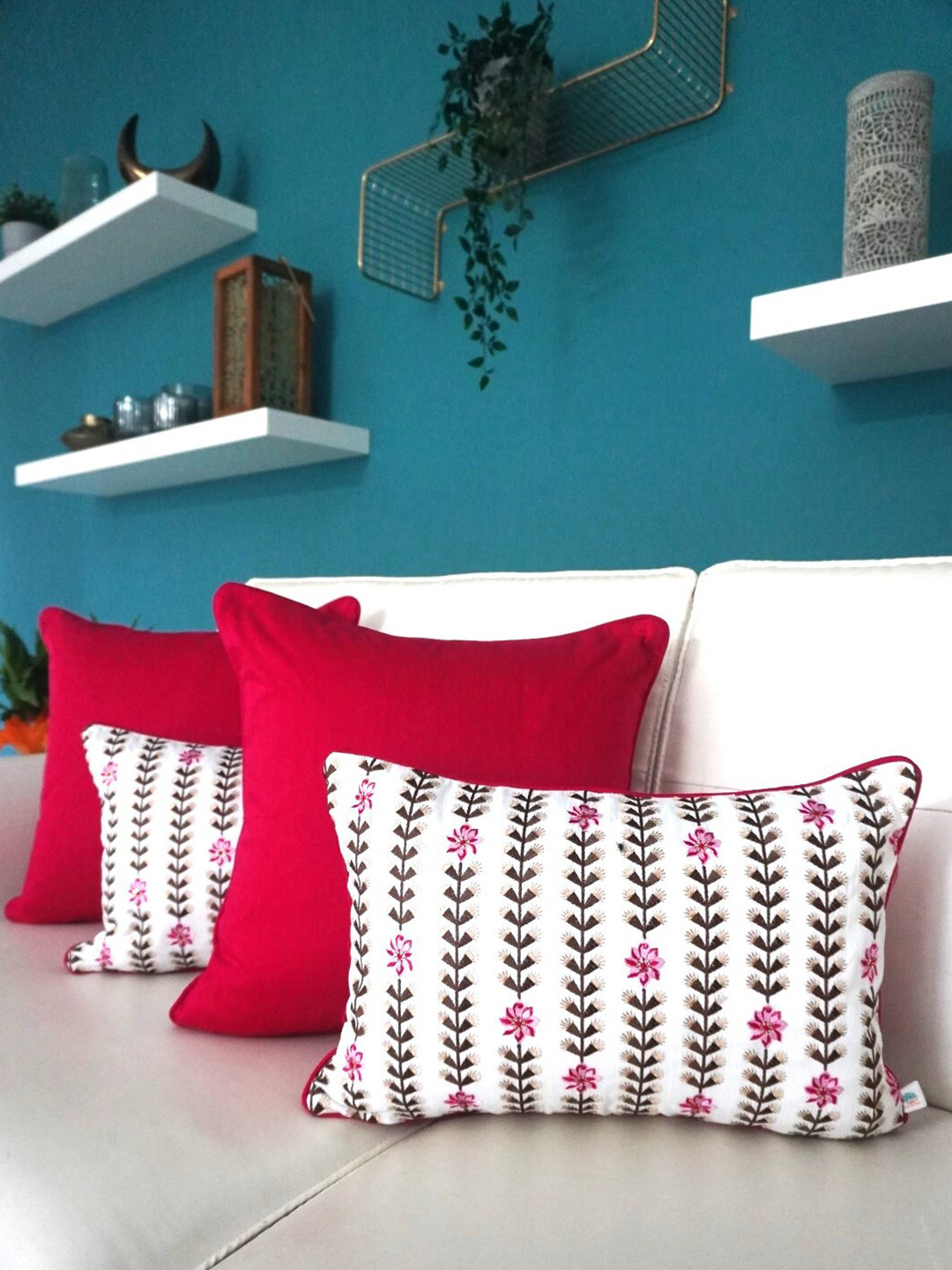 TARA- Sparkling Homes Pink Embroidered Cotton 4 Pcs Rectangle Cushion Covers -12x18In