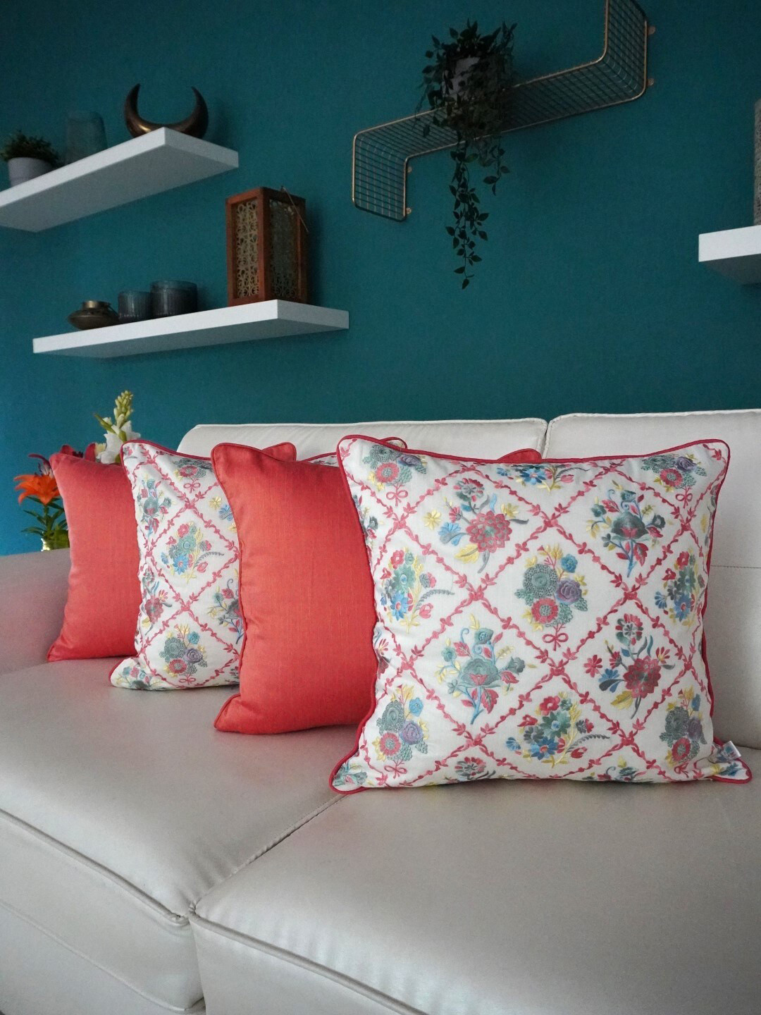 TARA- Sparkling Homes Peach-Coloured & Blue 4-Pieces Embroidered Square Cushion Covers