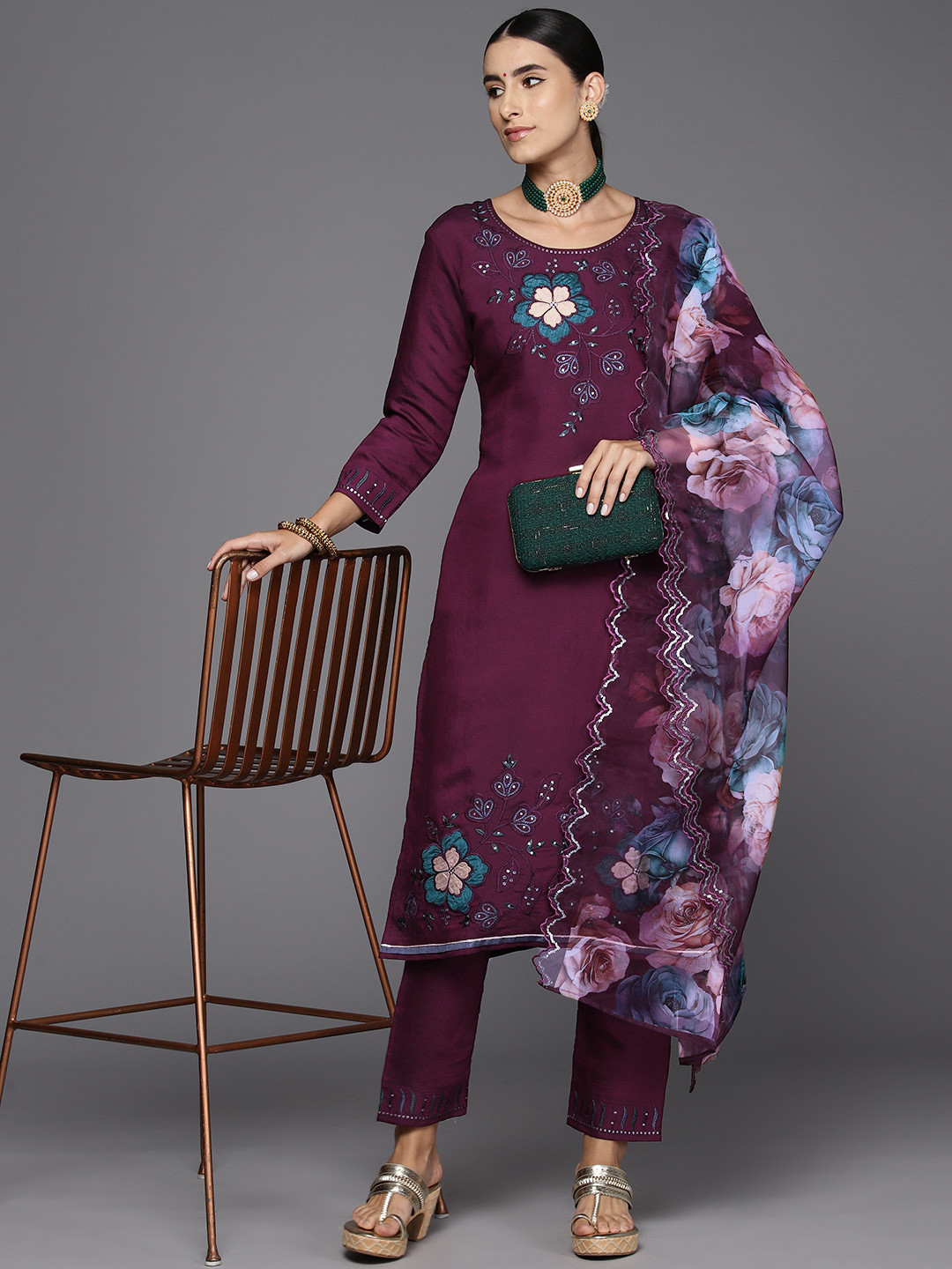 Indo Era Women Floral Embroidered Regular Sequinned Kurta with Trousers & With Dupatta