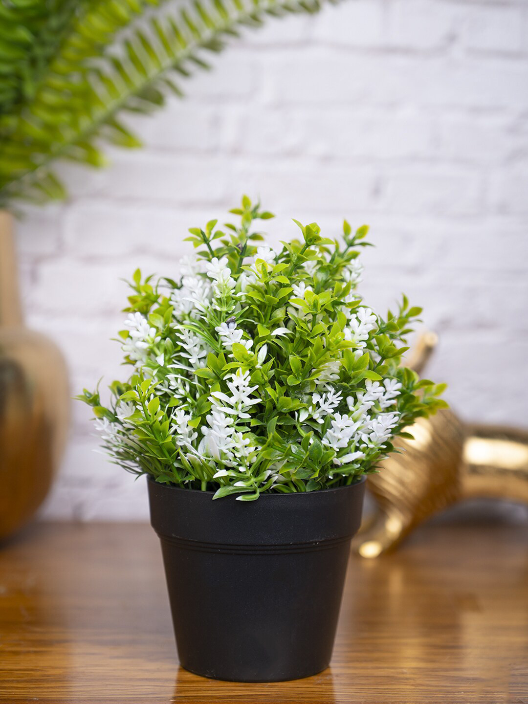 MARKET99 Green & White Flower Artificial Potted Plant