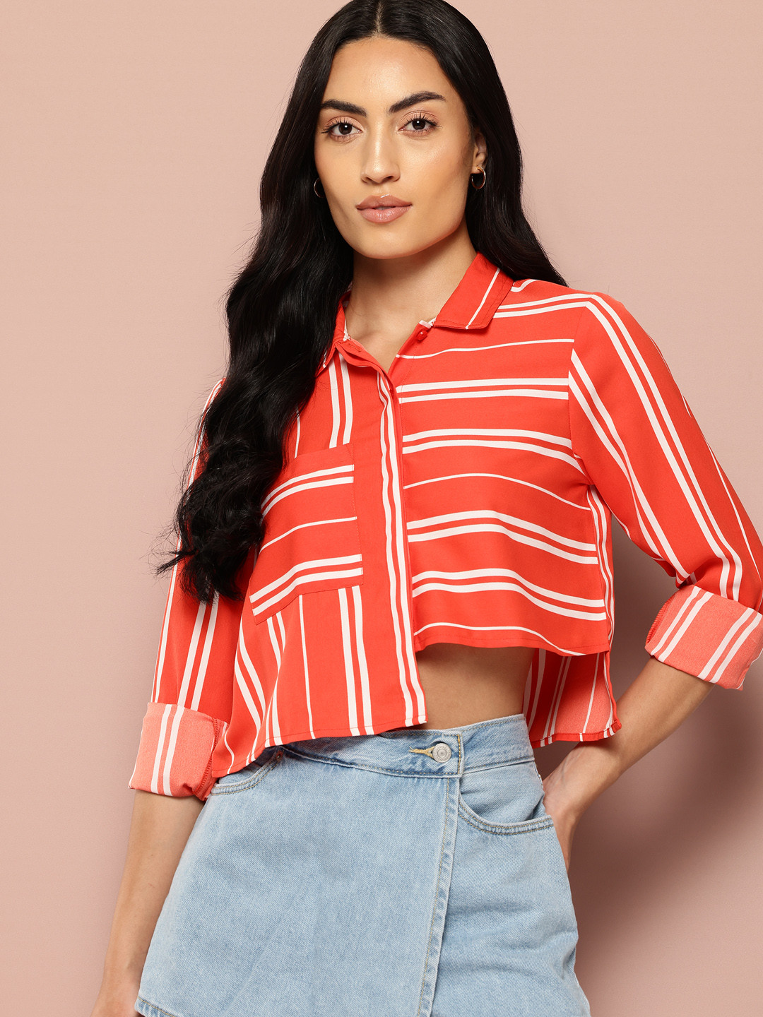 Harvard Striped Asymmetric Cropped Shirt