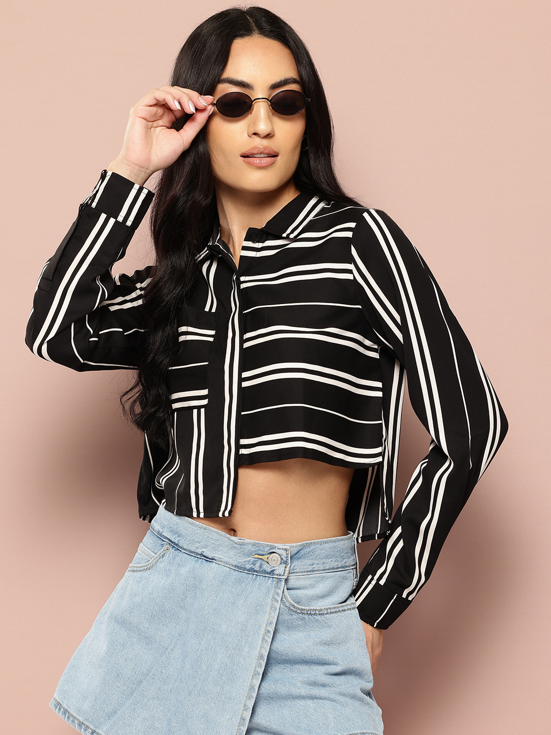 Harvard Striped Asymmetric Crop Shirt