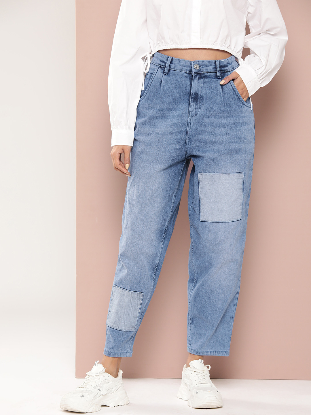 Harvard Women Light Fade Slouchy Fit Patchwork Stretchable Cropped Jeans