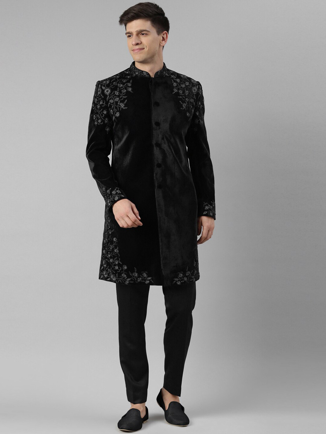 TheEthnic.Co Black Embroidered Velvet Mandarin Collar Sherwani Set