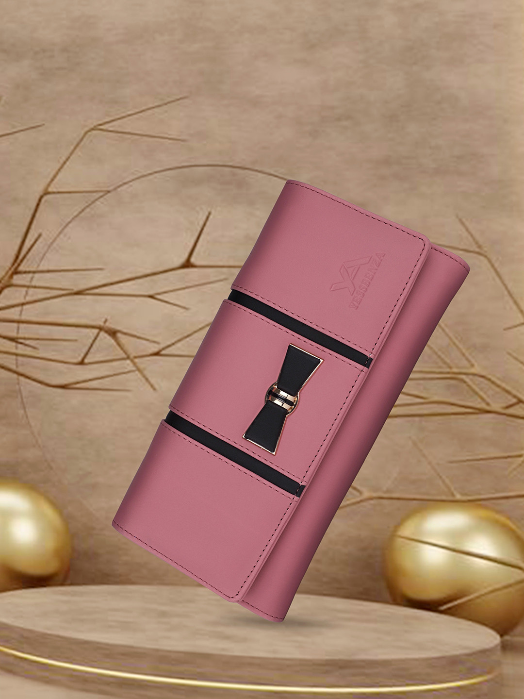 YESSBENZA Peach-Coloured & Black Textured Bow Detail Purse Clutch