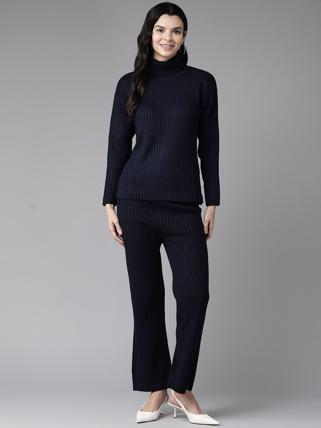 Cayman Women Solid Knitted Ribbed Acrylic Sweater with Trousers