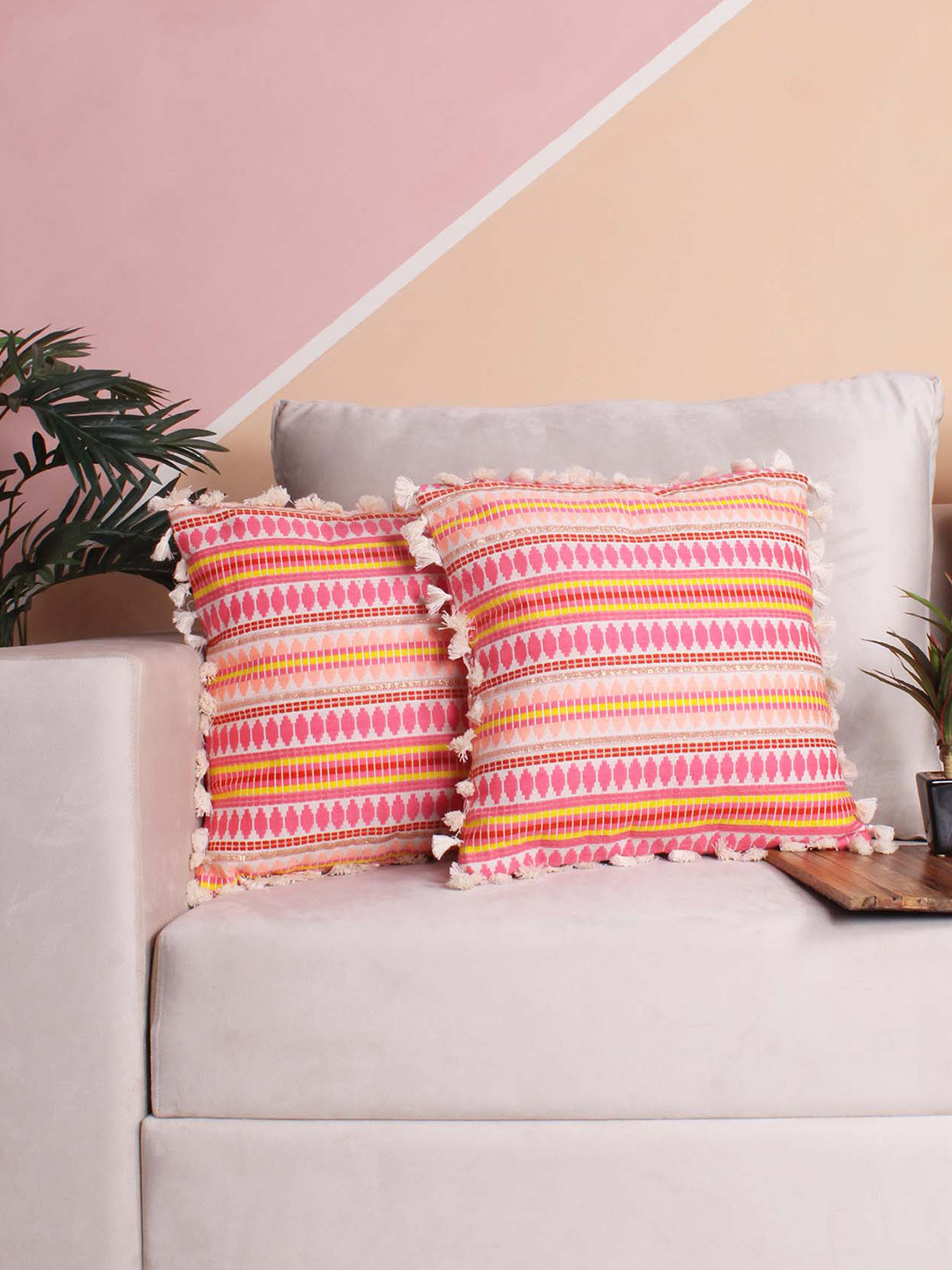 STITCHNEST Set of 2 Fuchsia & White Ethnic Motifs 24'' x 24'' Cushion Cover