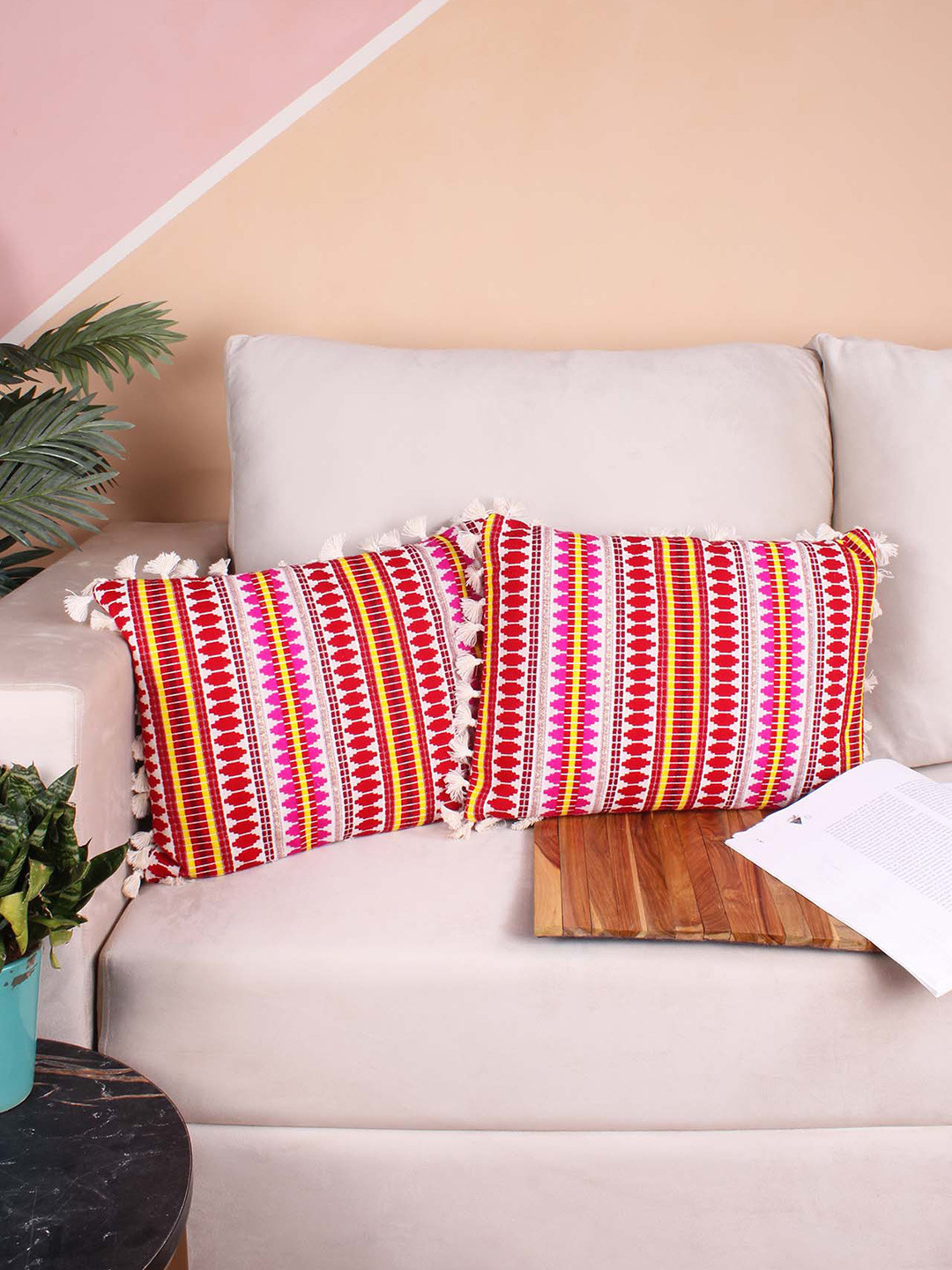 STITCHNEST Red Wool Color Fastness 2 Pcs Embroidered Rectangle Cushion Covers -11.8x17.7In