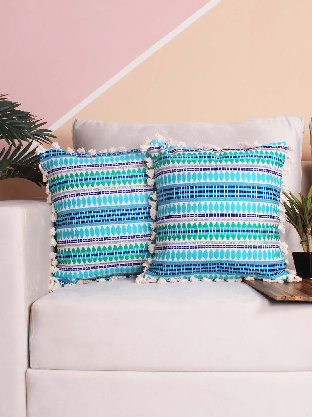 STITCHNEST Ethnic Motifs Wool Color Fastness 2 Pcs Embroidered Cushion Covers -24x24In