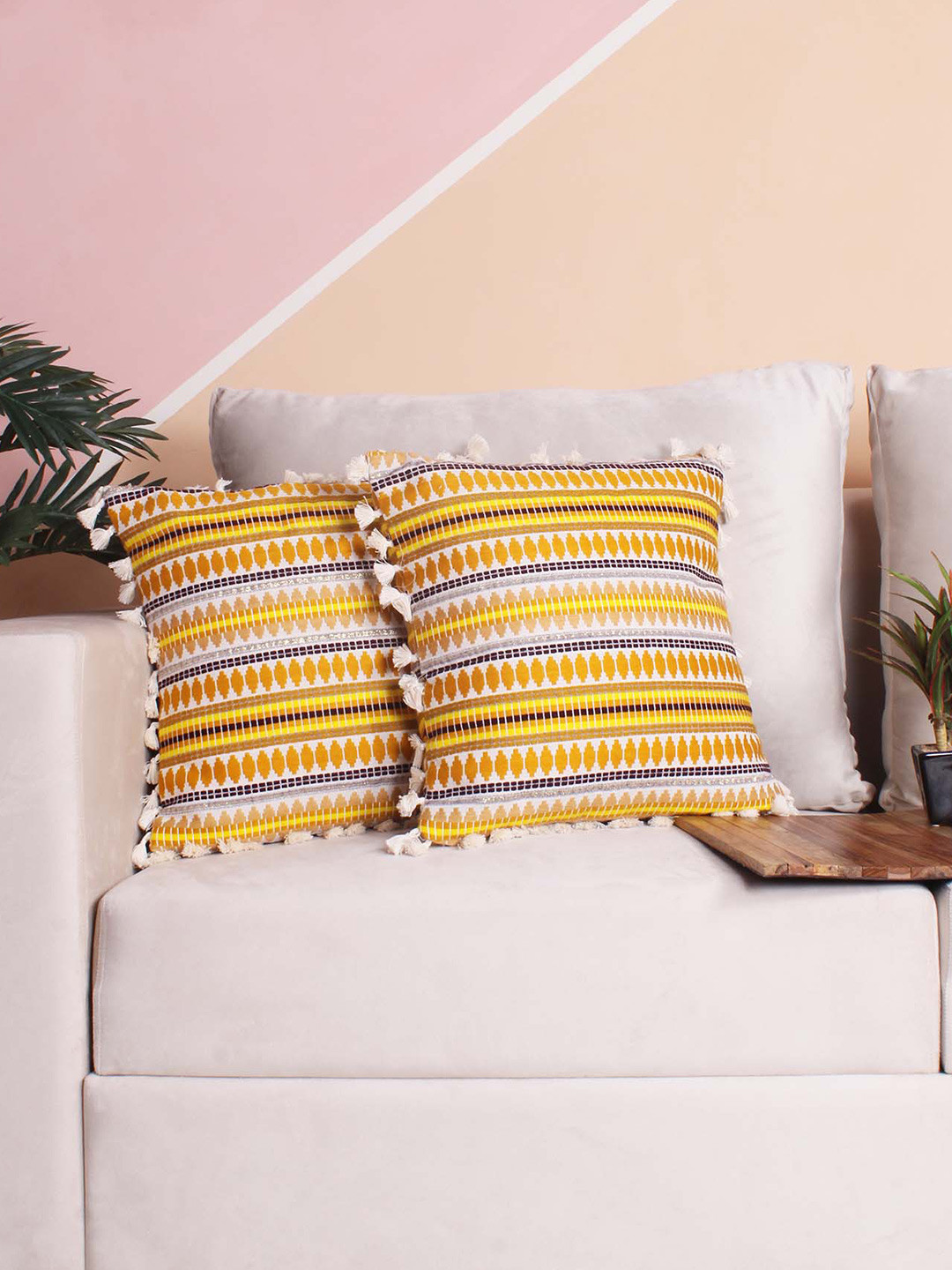 STITCHNEST Mellow Self Design Wool Washable 2 Pcs Embroidered Cushion Covers - 16 x 8 In