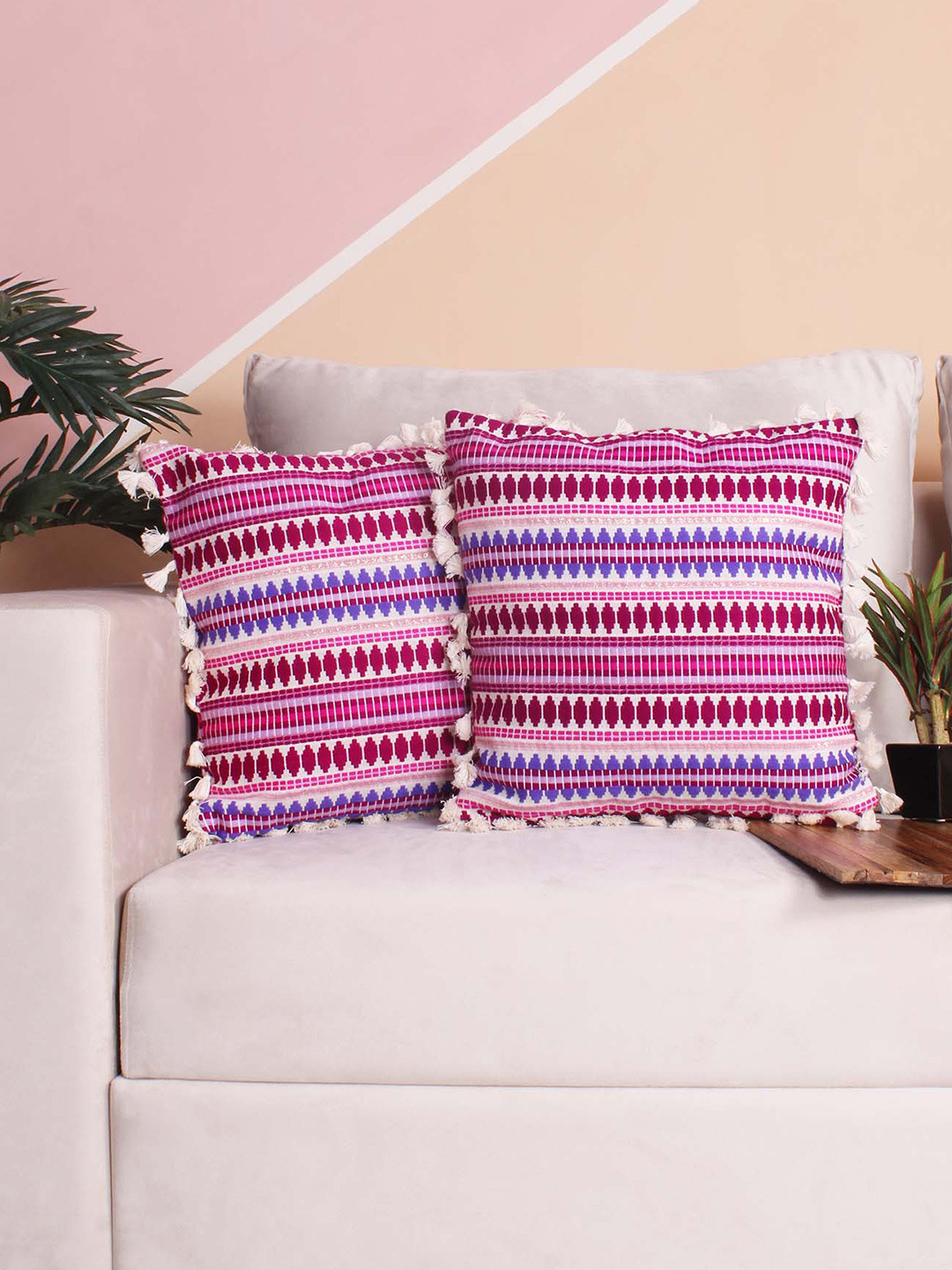 STITCHNEST Purple Ethnic Motifs Wool Washable 2 Piece Square Cushion Covers -16x16In