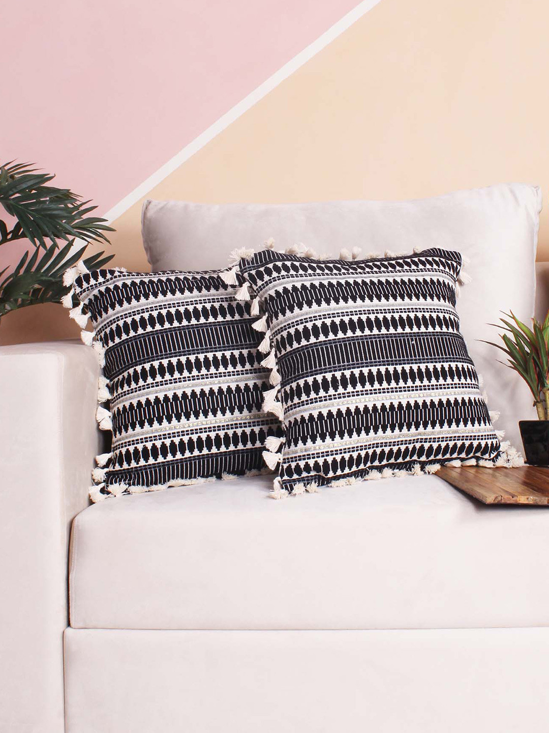 STITCHNEST Black Ethnic Motifs Wool Washable 2 Piece Square Cushion Covers - 16x16In