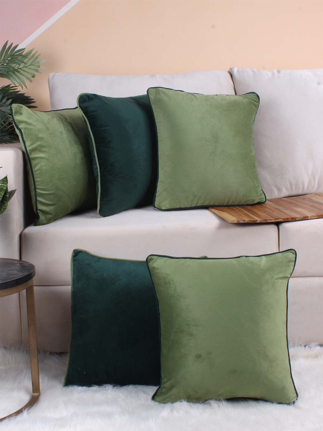 STITCHNEST Green Velvet Durable 5 Piece Square Cushion Covers -16x16In