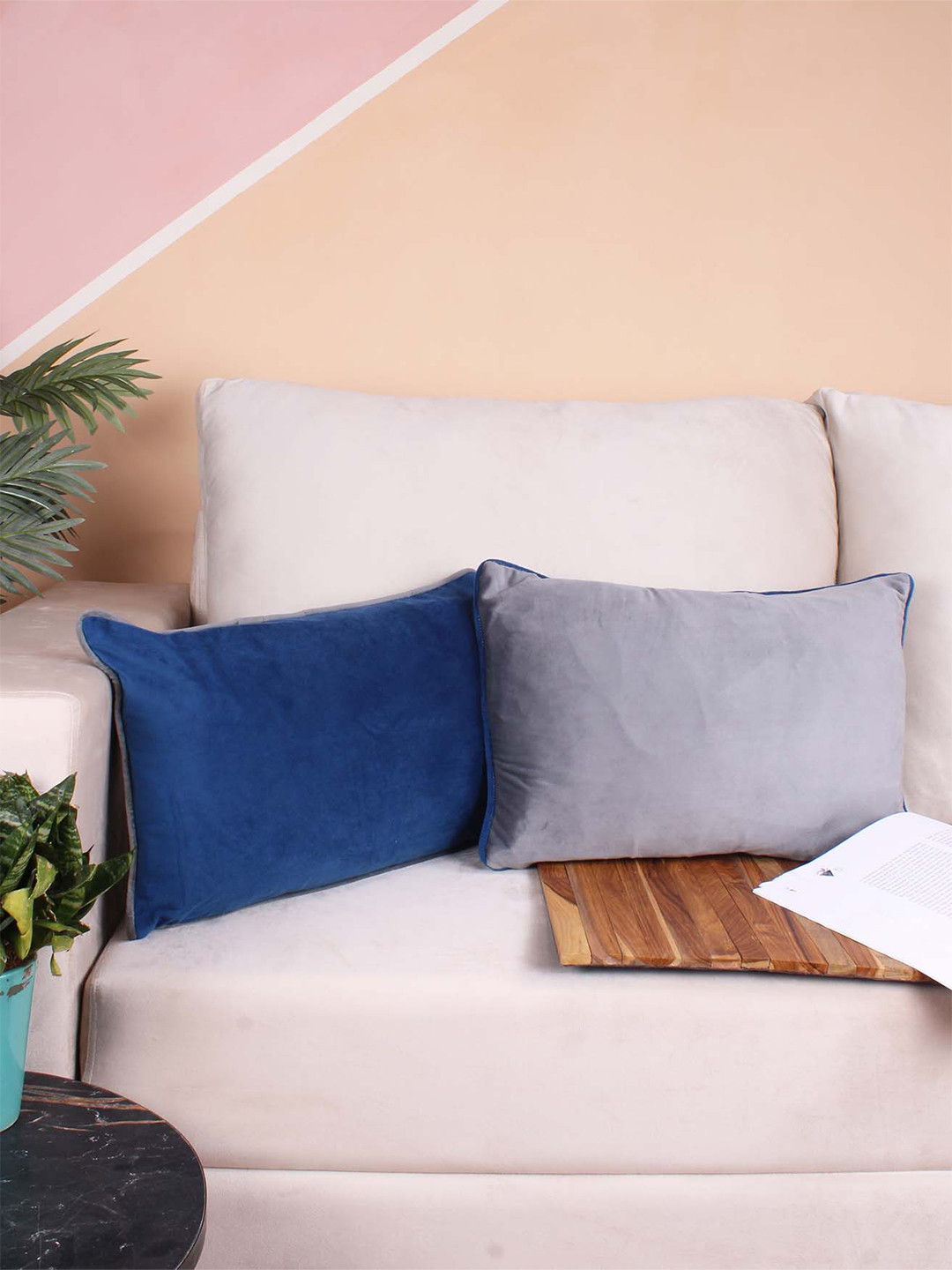 STITCHNEST Set of 2 Blue & Grey Solid 12'' x 18'' Cushion Cover