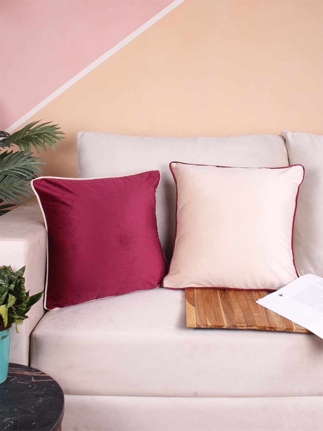 STITCHNEST Maroon Velvet Durable 2 Piece Textured Square Cushion Covers - 24 x 24 Inches