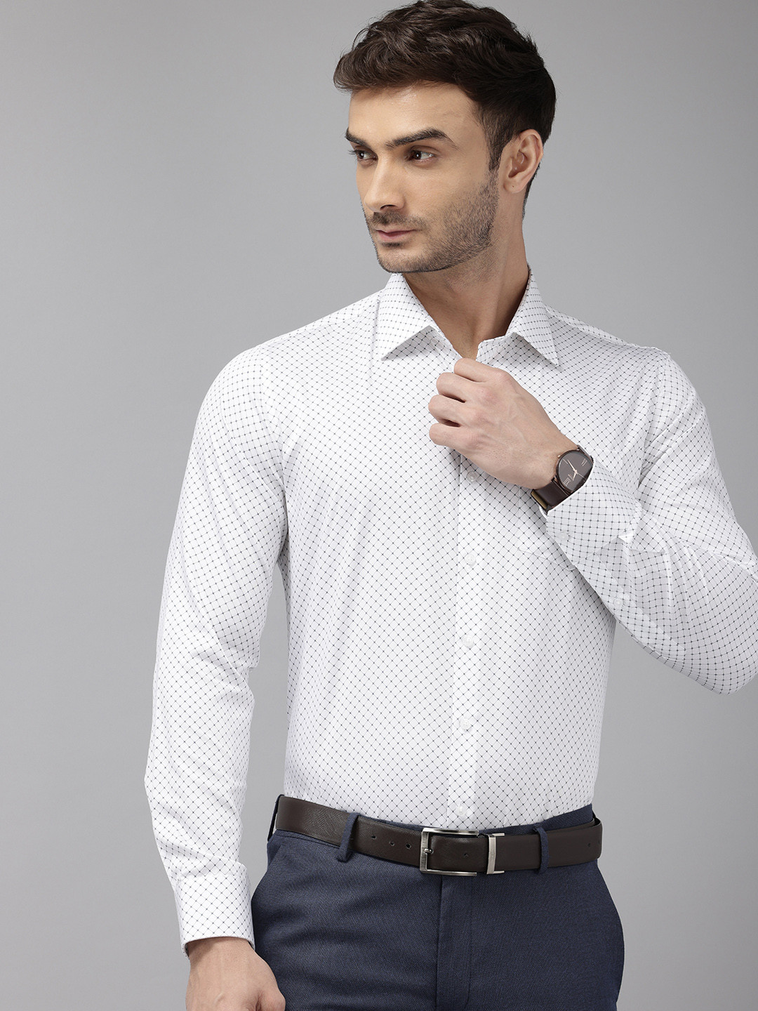 Van Heusen Pure Cotton Slim Fit Grid Tattersall Checks Opaque Formal Shirt