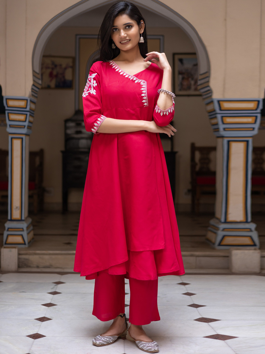 KASYA Ethnic Motifs Embroidered Thread Work Angrakha Anarkali Kurta With Palazzos