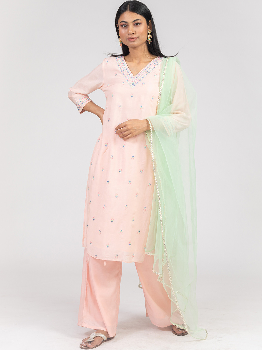 KASYA Floral Embroidered Regular Kurta With Palazzos & Dupatta