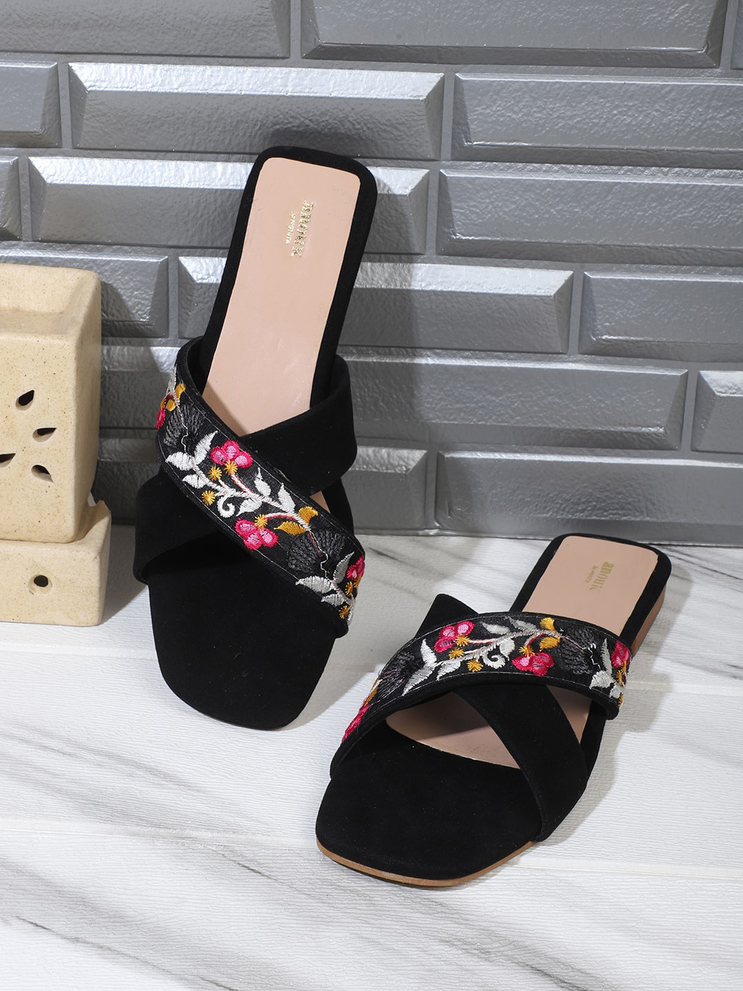 Anouk Black & Pink Sequin Embroidered Suede Open Toe Flats