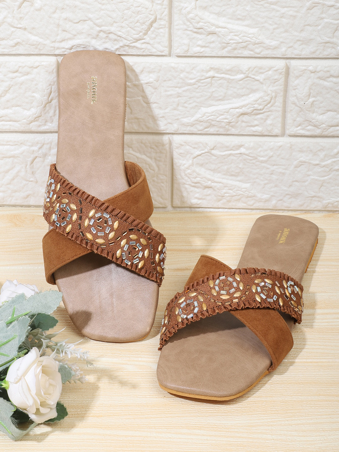 Anouk Beige Embellished Cross Strap Suede One Toe Flats