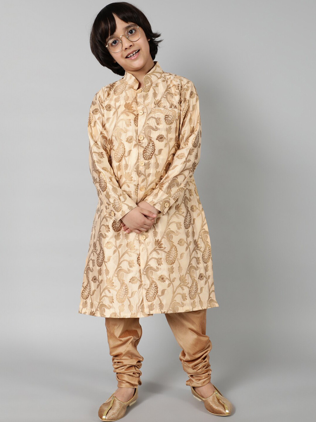 Aks Kids Boys Mandarin Collar Woven Design Zari Kurta with Churidar