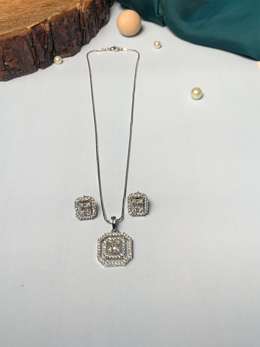 ABDESIGNS Silver-Plated American Diamond Jewellery Set