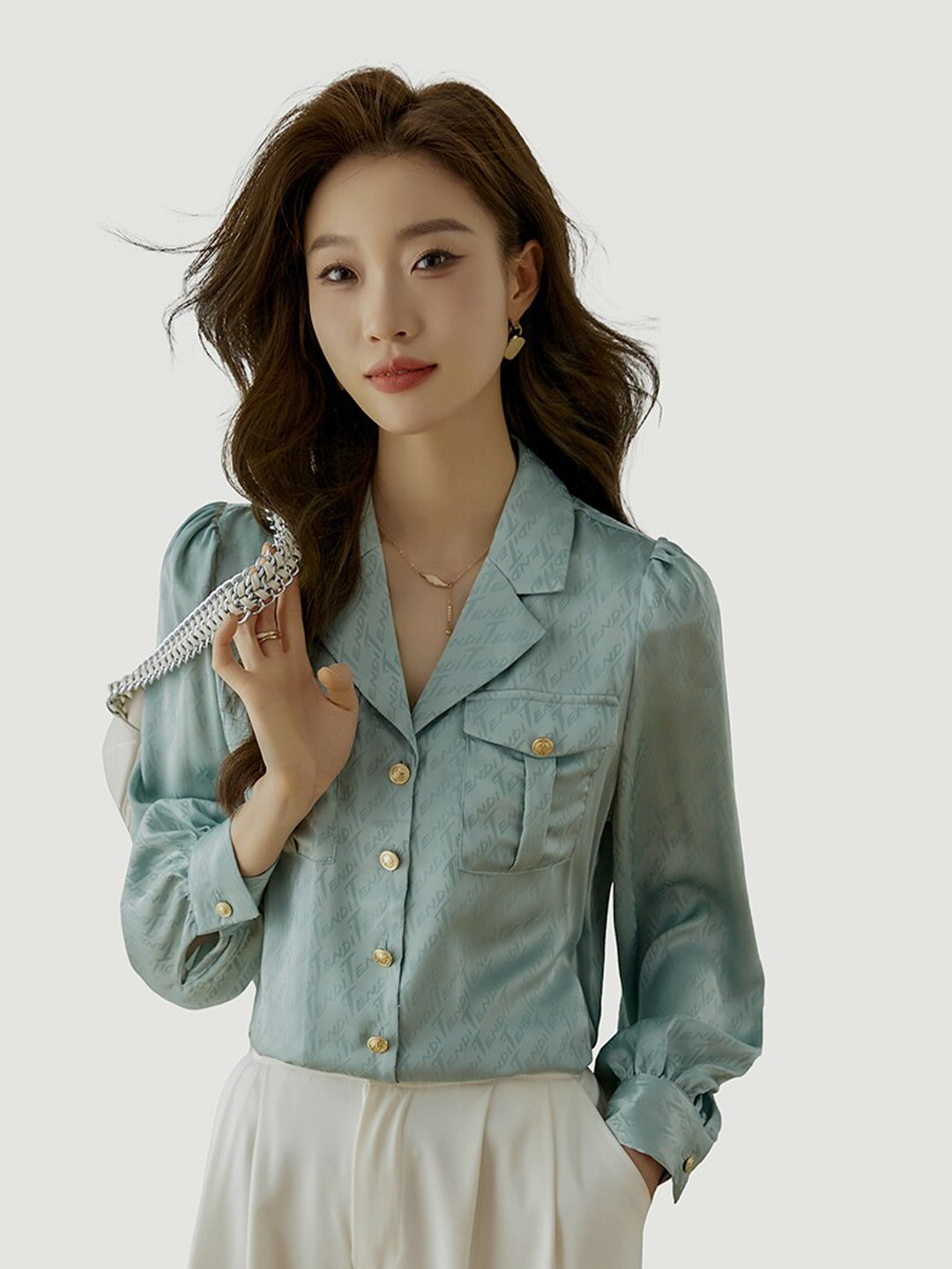 JC Collection Typography Printed Lapel Collar Shirt Style Top