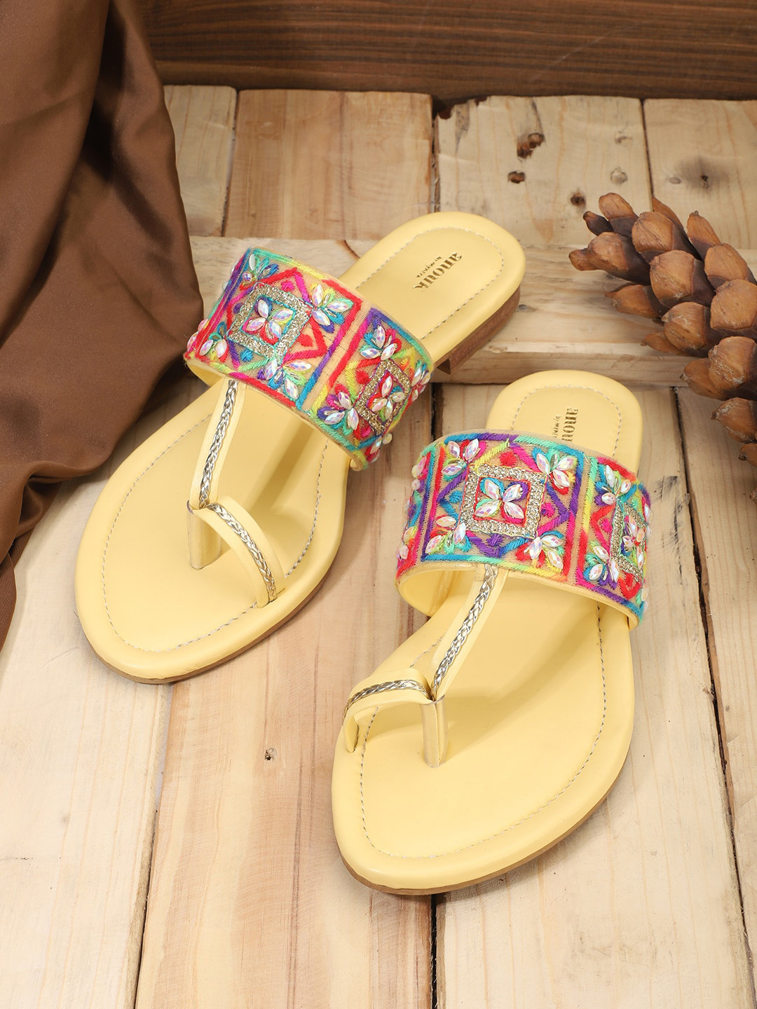 Anouk Yellow & Red Embellished Ethnic One Toe Flats