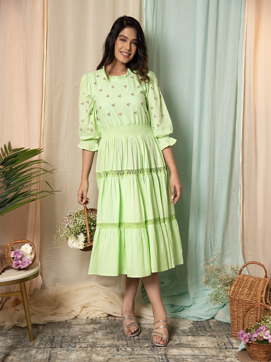 Aaheli Floral Embroidered Puff Sleeved Cotton Tiered Fit & Flare Midi Dress