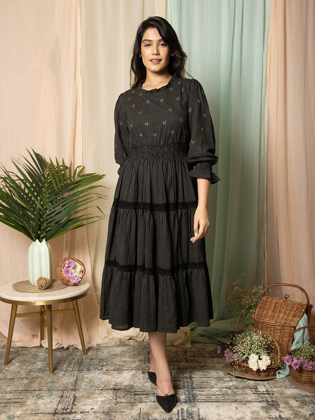 Aaheli Floral Embroidered Round Neck Cotton Smocked Fit & Flare Midi Dress