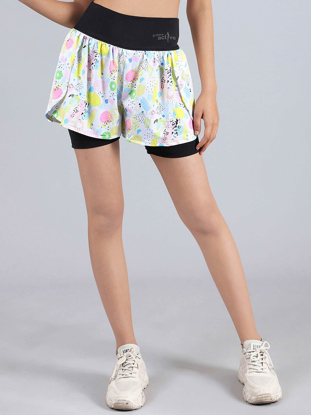 DChica Women Conversational Printed Skinny Fit High-Rise Sport Shorts