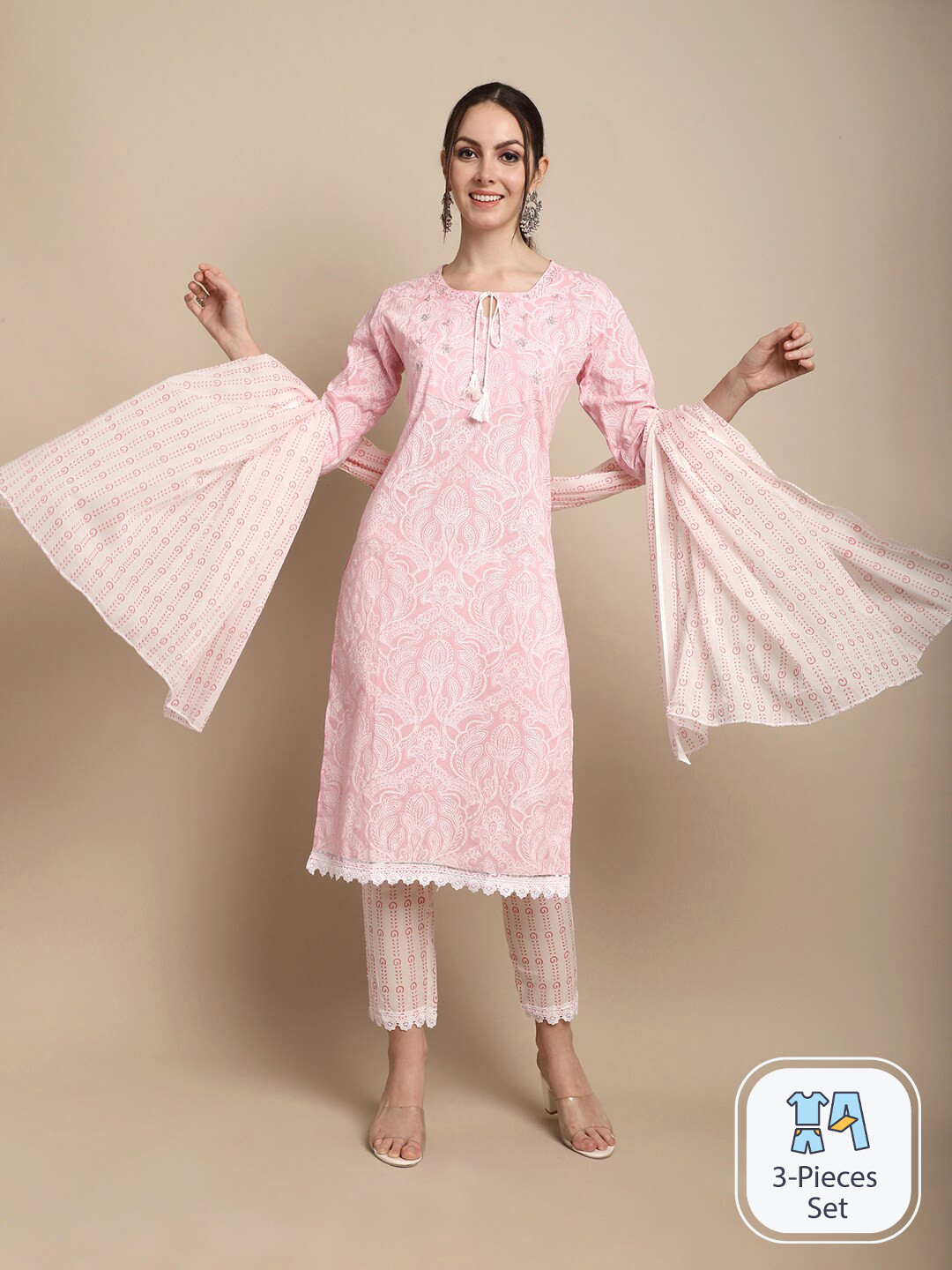 ANAISA Ethnic Motif Printed Tie-Up NeckThread Work Kurta with Trousers & With Dupatta