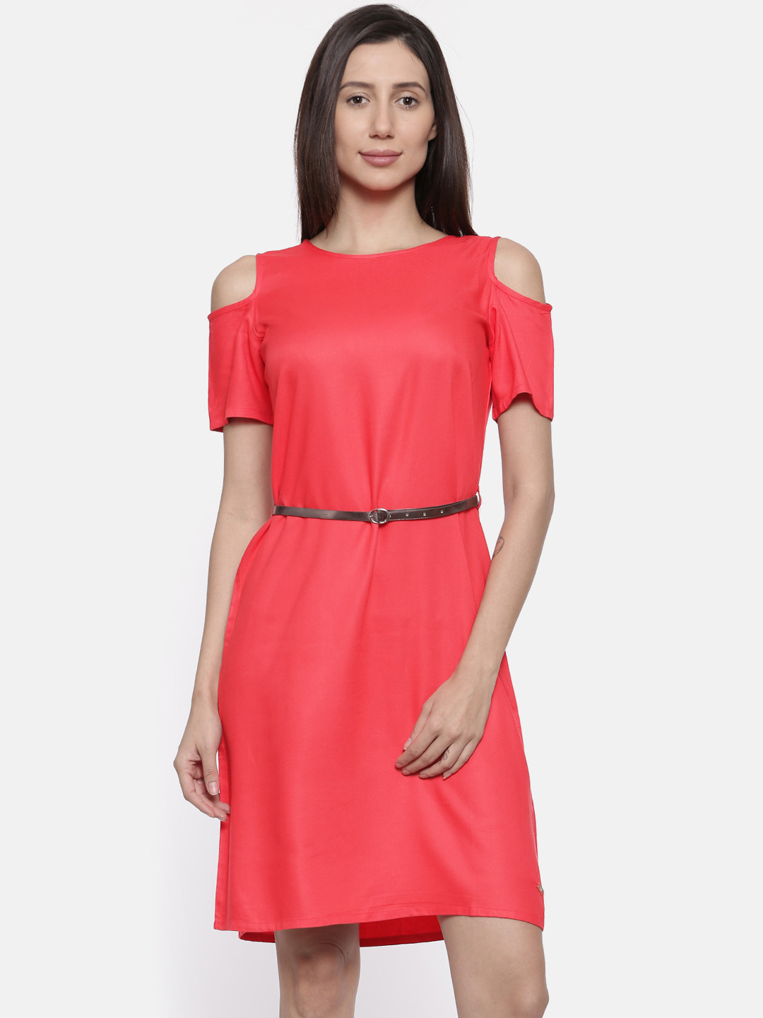 Park Avenue Woman Coral Pink Solid A-Line Dress