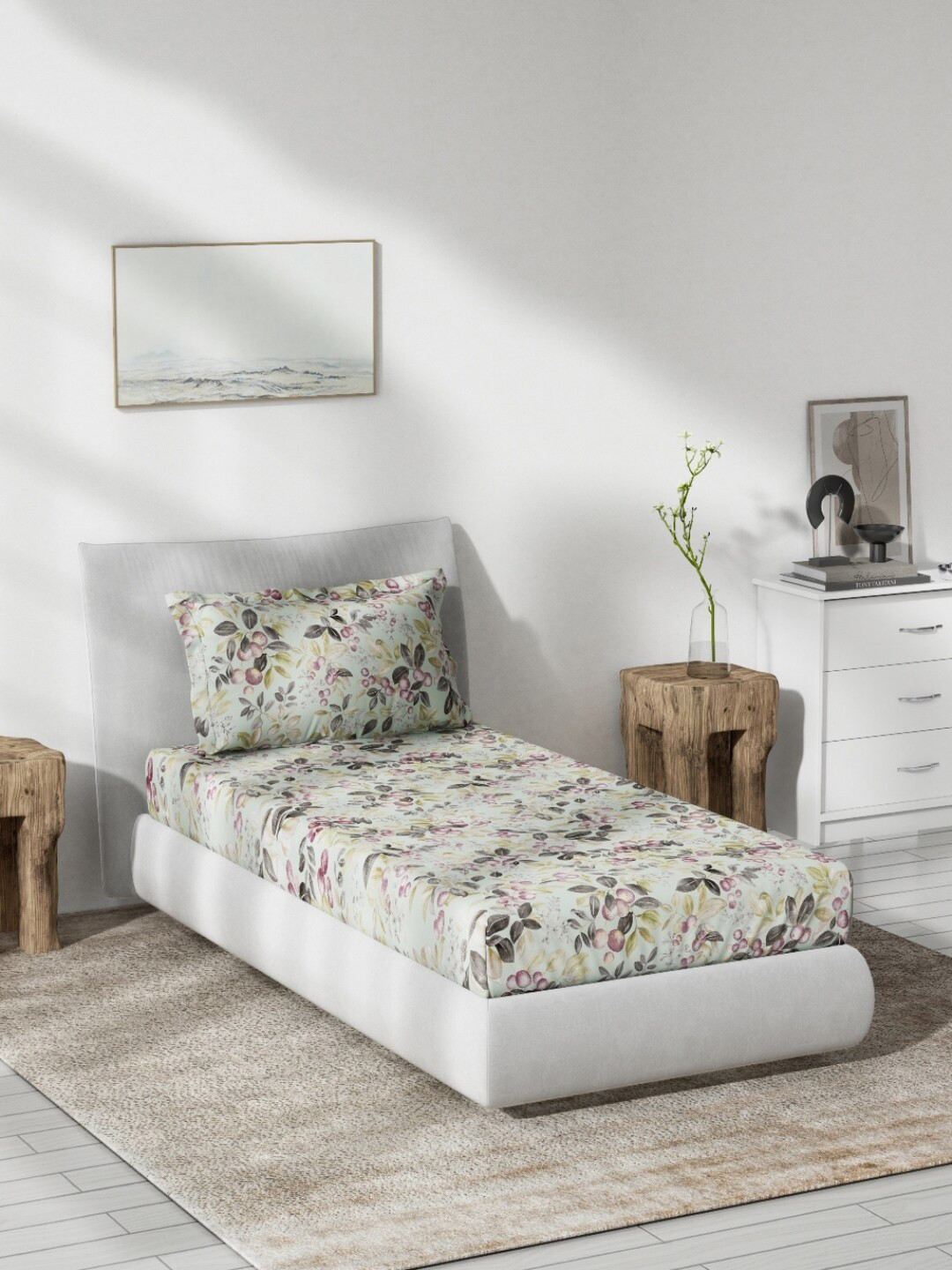 DDecor Live Beautiful Purple Floral Cotton 140 TC Single Bedsheet with a Pillow Cover-75 x 100 inches